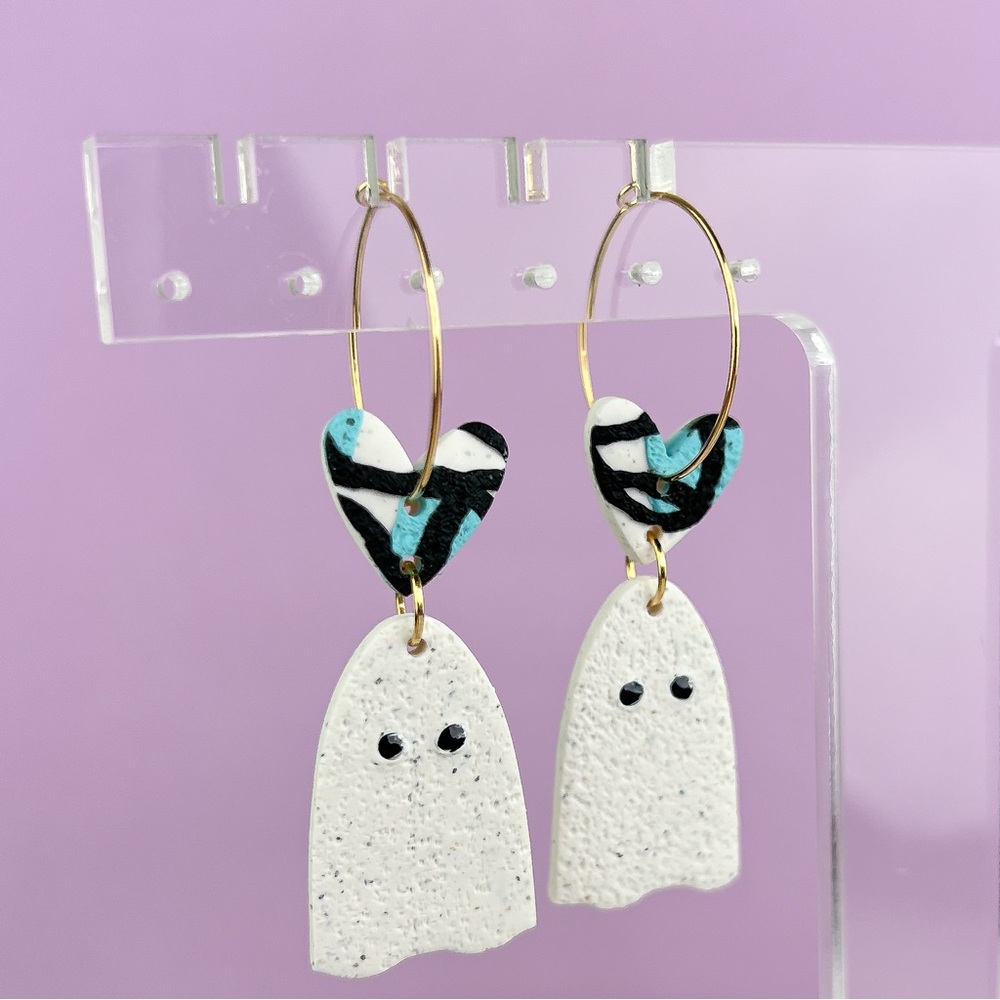 Abstract Heart with Ghosts Handmade Polymer Clay Dangle Hoop Earrings